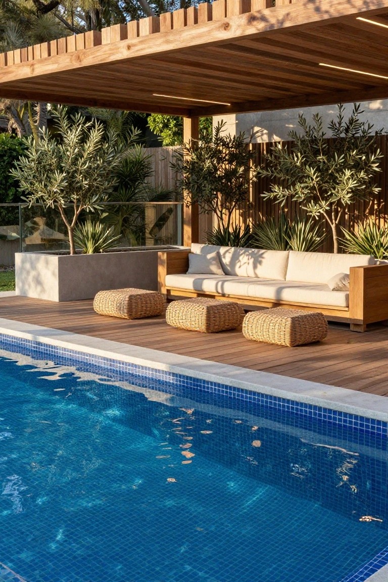 17 Elegant Pool Deck Pergola Designs That Add Structure and Shade Wooden slatted pergola over a pool deck with white L-shaped sofa, three woven poufs, concrete planters with olive trees and agaves, glass railing, beside a blue mosaic-tiled swimming pool.