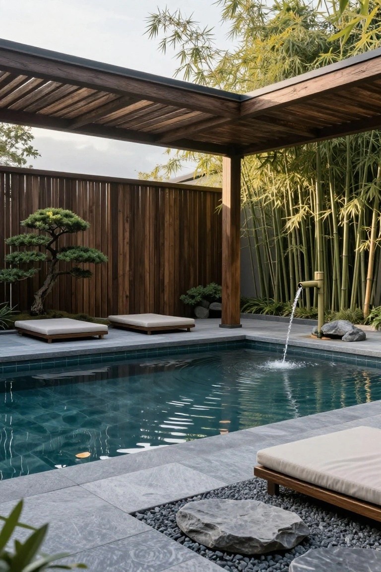 17 Elegant Pool Deck Pergola Designs That Add Structure and Shade Small rectangular pool with teal tiles and fountain from bamboo pipe, under wooden slatted pergola, with beige cushioned daybeds on gray stone decking, bonsai tree, bamboo plants, wooden fence, and rocks nearby.