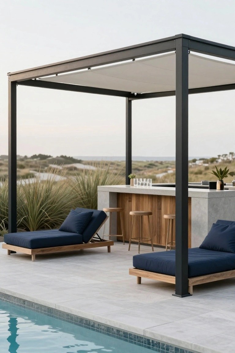 17 Elegant Pool Deck Pergola Designs That Add Structure and Shade Black metal pergola with white fabric shade over a pool deck featuring a concrete bar with wood stools, navy blue loungers, and dune landscape beyond.