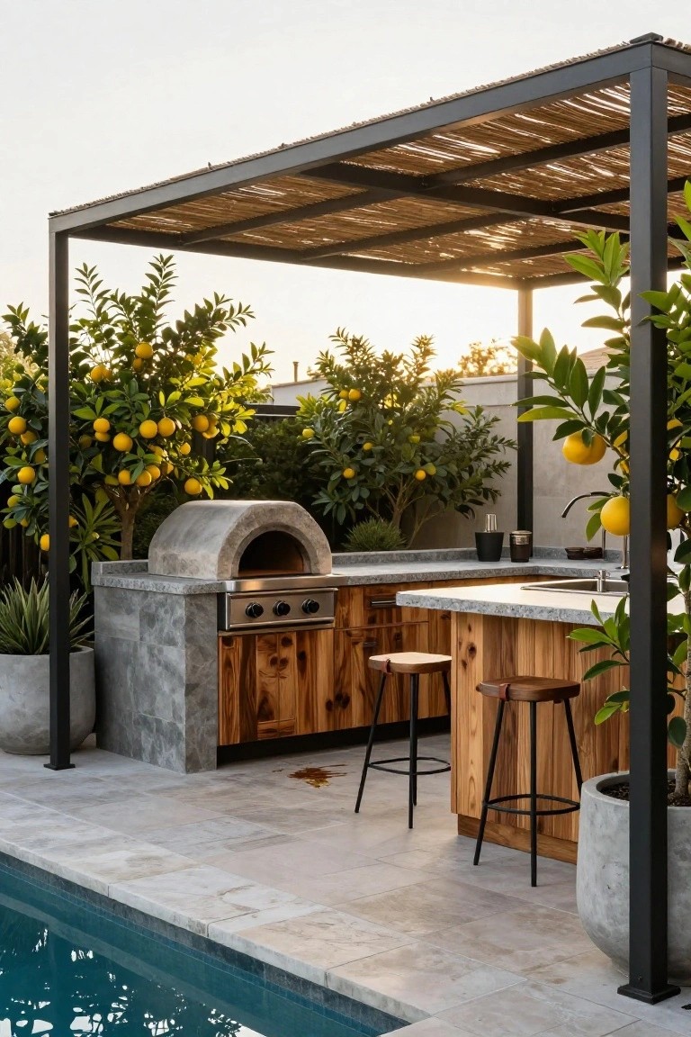 17 Elegant Pool Deck Pergola Designs That Add Structure and Shade Outdoor kitchen with gray stone counters, wood cabinets, pizza oven, and gas grill under a black metal pergola with thatched reed roof, surrounded by lemon trees next to a pool on a tiled deck.