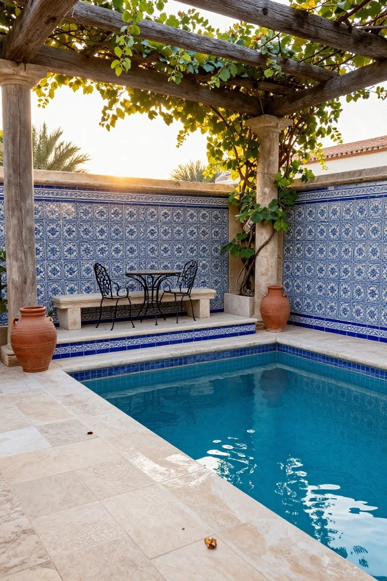 17 Elegant Pool Deck Pergola Designs That Add Structure and Shade Small turquoise pool edged in beige stone tiles, under rustic wooden pergola covered in green leafy vines, with blue patterned tile walls, black metal bistro table and chairs on a bench, two large terracotta pots, and distant palm trees at sunset.