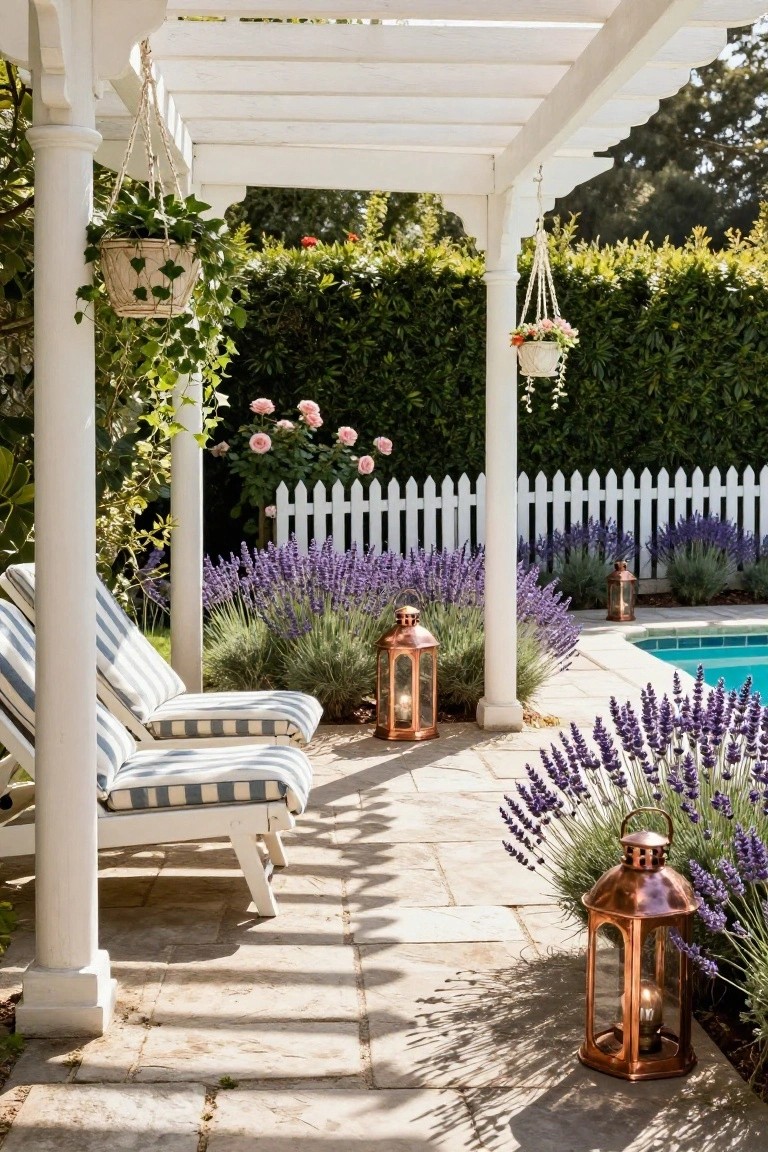17 Elegant Pool Deck Pergola Designs That Add Structure and Shade White pergola over two striped lounge chairs on a stone pool deck edged with lavender plants and copper lanterns, beside a turquoise swimming pool with white picket fence backdrop.