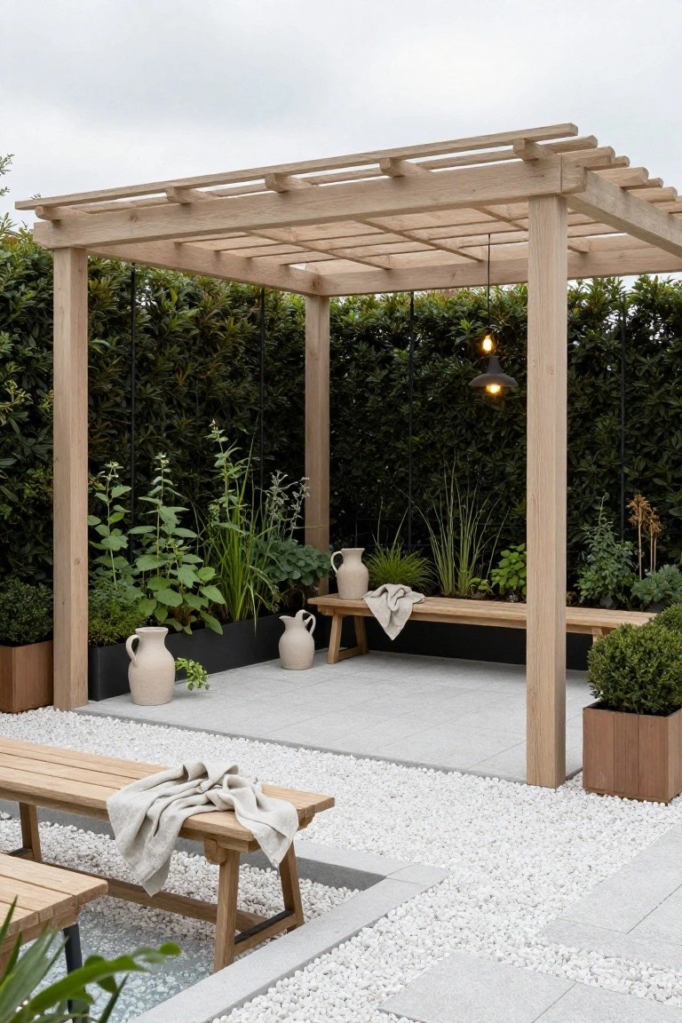 17 Elegant Pool Deck Pergola Designs That Add Structure and Shade Wooden pergola with open lattice roof over built-in benches on a pool deck edged in white pebbles and gray tiles, featuring potted plants and a hanging light.
