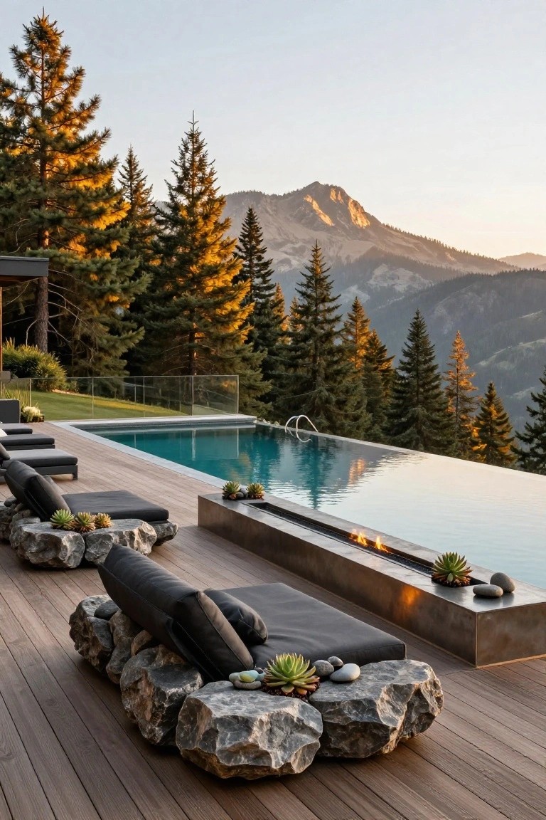 17 Fresh Pool Deck Furniture Ideas to Complete Your Outdoor Setup Wooden deck with infinity-edge pool, black lounge chairs on large gray boulder bases, linear metal fire trough along pool edge with plants and stones, pine trees and mountains in background at sunset.
