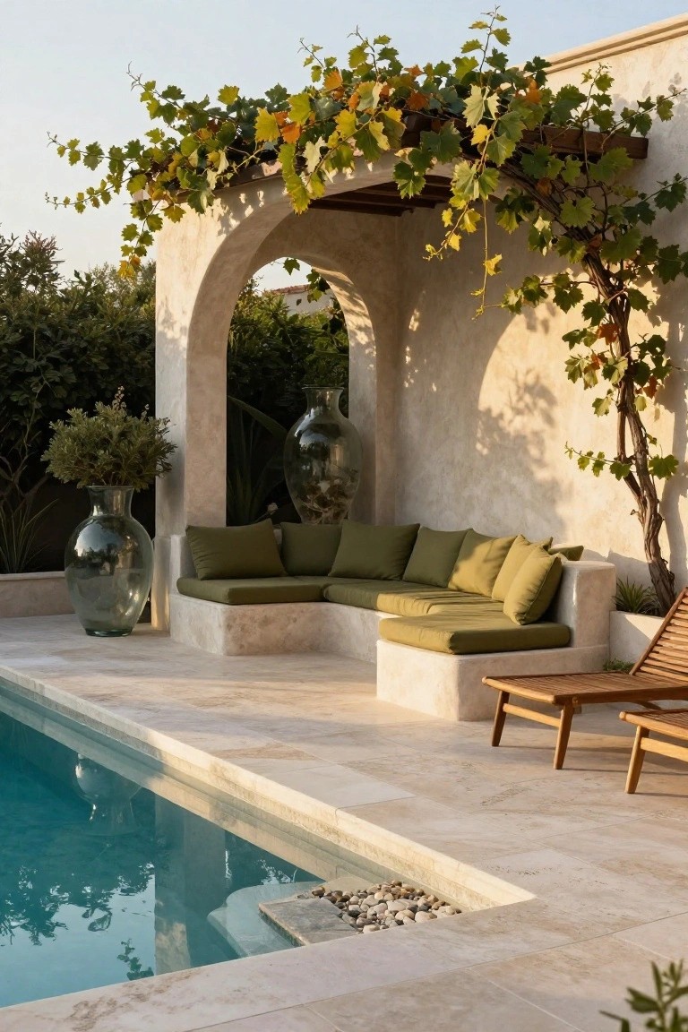 17 Fresh Pool Deck Furniture Ideas to Complete Your Outdoor Setup Pool deck featuring a built-in L-shaped beige stone bench with green cushions under a vine-covered wooden pergola arch, large glass vases with branches nearby, a wooden lounge chair, and turquoise pool water edged in travertine tiles.