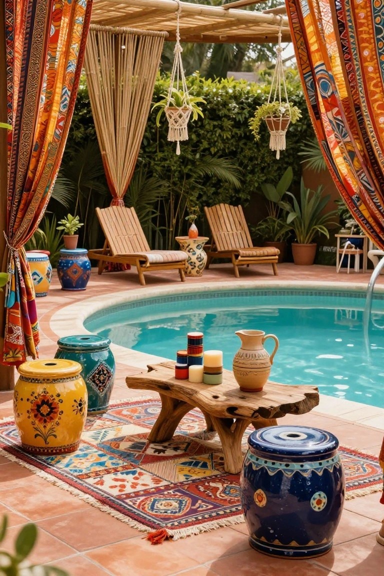 17 Fresh Pool Deck Furniture Ideas to Complete Your Outdoor Setup Pool deck area with colorful ceramic stools in yellow, blue, and green, a driftwood table holding candles and a pitcher, wooden loungers, potted plants, hanging fabrics, and a turquoise pool under a bamboo pergola.