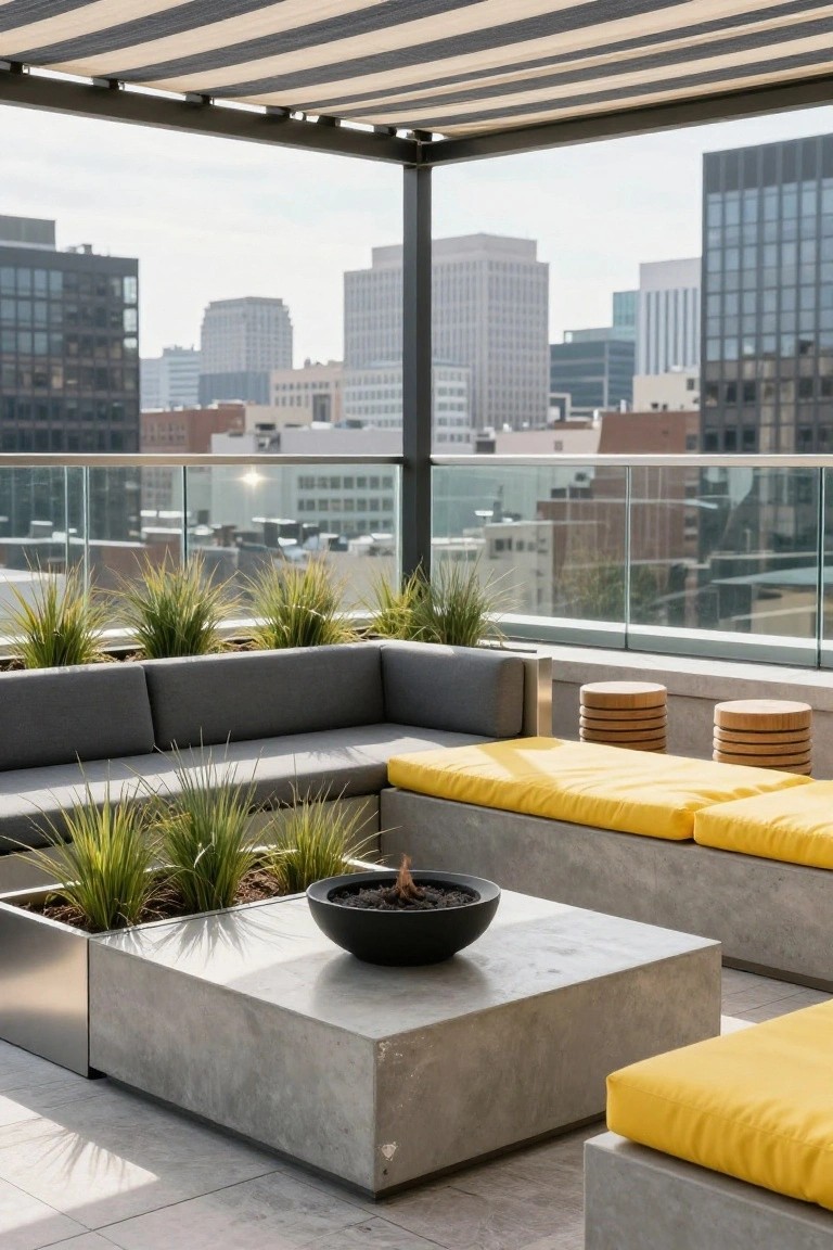 17 Fresh Pool Deck Furniture Ideas to Complete Your Outdoor Setup Rooftop terrace with L-shaped low concrete sofa in gray and yellow cushions, central concrete table holding black fire bowl, potted grasses, wooden stools, and striped overhead canopy overlooking city skyline.