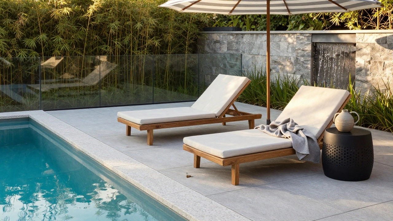 Pool deck area featuring two teak lounge chairs with white cushions and towels under a large black-and-white striped umbrella, next to a turquoise swimming pool with stone walls, bamboo plants, and a water feature in the background.