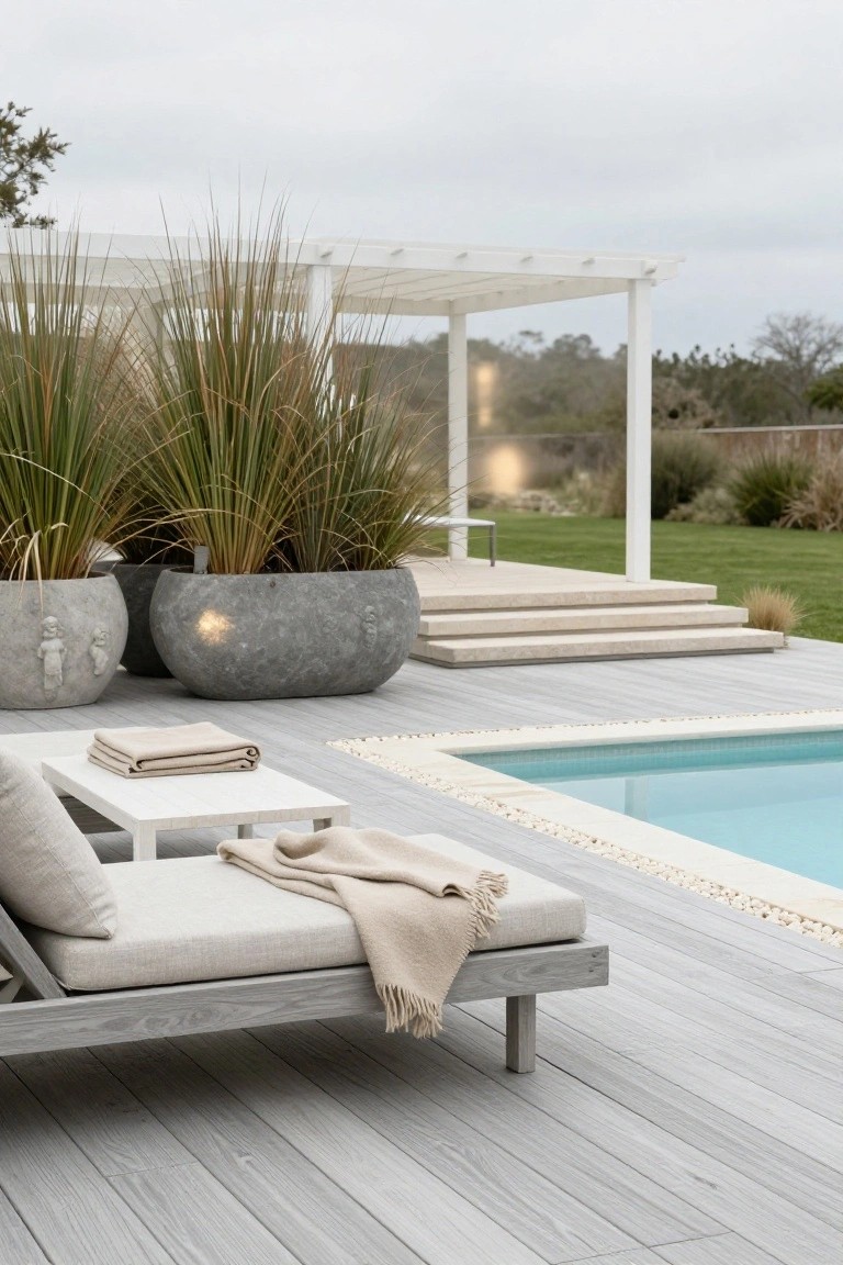 17 Fresh Pool Deck Furniture Ideas to Complete Your Outdoor Setup Light gray wooden deck beside a turquoise pool edged in white pebbles, with a minimalist pale wood lounge chair topped by beige cushions and a draped tan throw blanket, a white side table holding folded towels, and large textured gray planters filled with tall grasses.