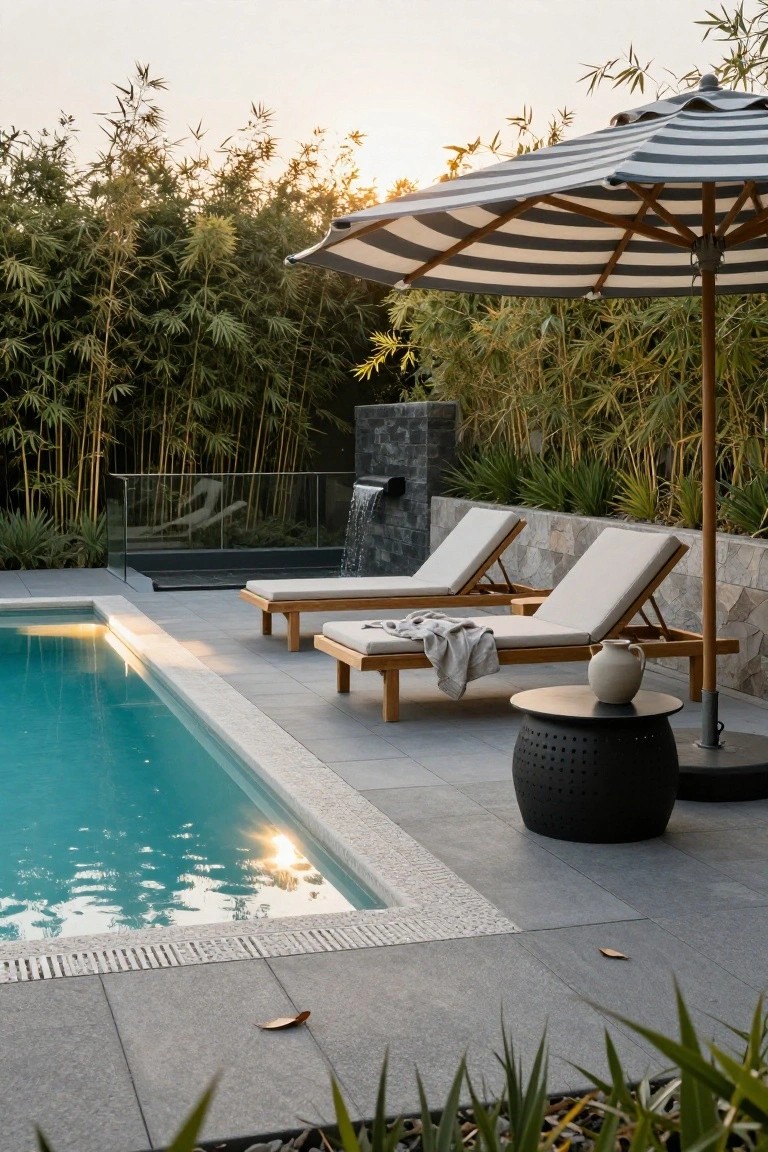 17 Fresh Pool Deck Furniture Ideas to Complete Your Outdoor Setup Pool deck area featuring two teak lounge chairs with white cushions and towels under a large black-and-white striped umbrella, next to a turquoise swimming pool with stone walls, bamboo plants, and a water feature in the background.