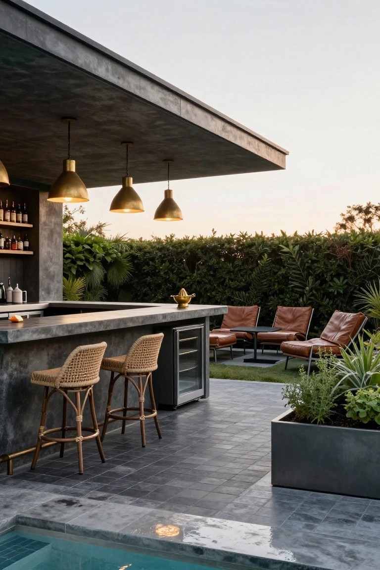 17 Fresh Pool Deck Furniture Ideas to Complete Your Outdoor Setup Outdoor poolside bar with gray concrete countertop, two tall rattan bar stools, gold pendant lights, built-in wine cooler, liquor bottles on shelves, leather lounge chairs nearby, plants, hedge backdrop, and pool edge in foreground