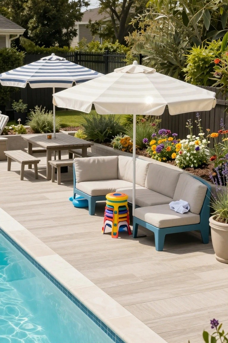 17 Fresh Pool Deck Furniture Ideas to Complete Your Outdoor Setup Pool deck with beige L-shaped outdoor sofa, stack of colorful stackable stools, wooden table and benches, umbrellas, plants, and a blue swimming pool along the edge.
