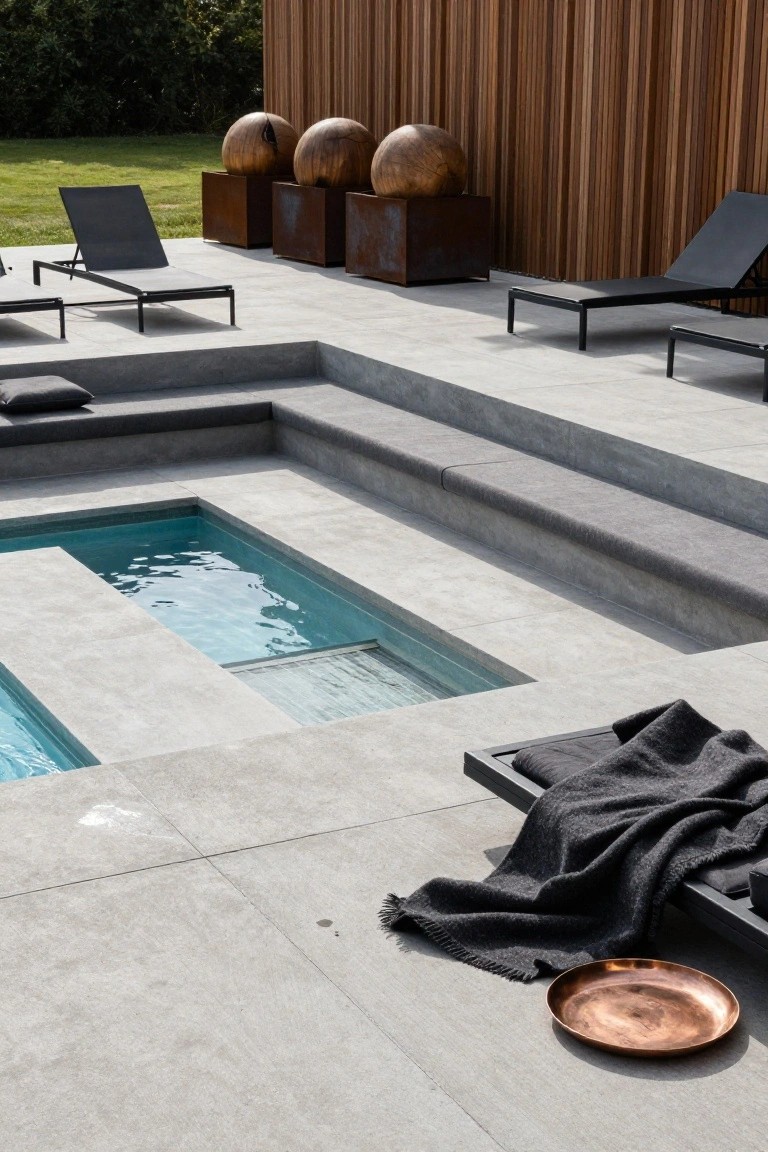 17 Fresh Pool Deck Furniture Ideas to Complete Your Outdoor Setup Close-up view of a rectangular turquoise pool sunken into a gray concrete deck with surrounding tiered benches cushioned in gray, black metal loungers, rusted metal planters holding wooden spheres, draped gray towels, a copper dish, and a vertical wood-clad wall in the background.