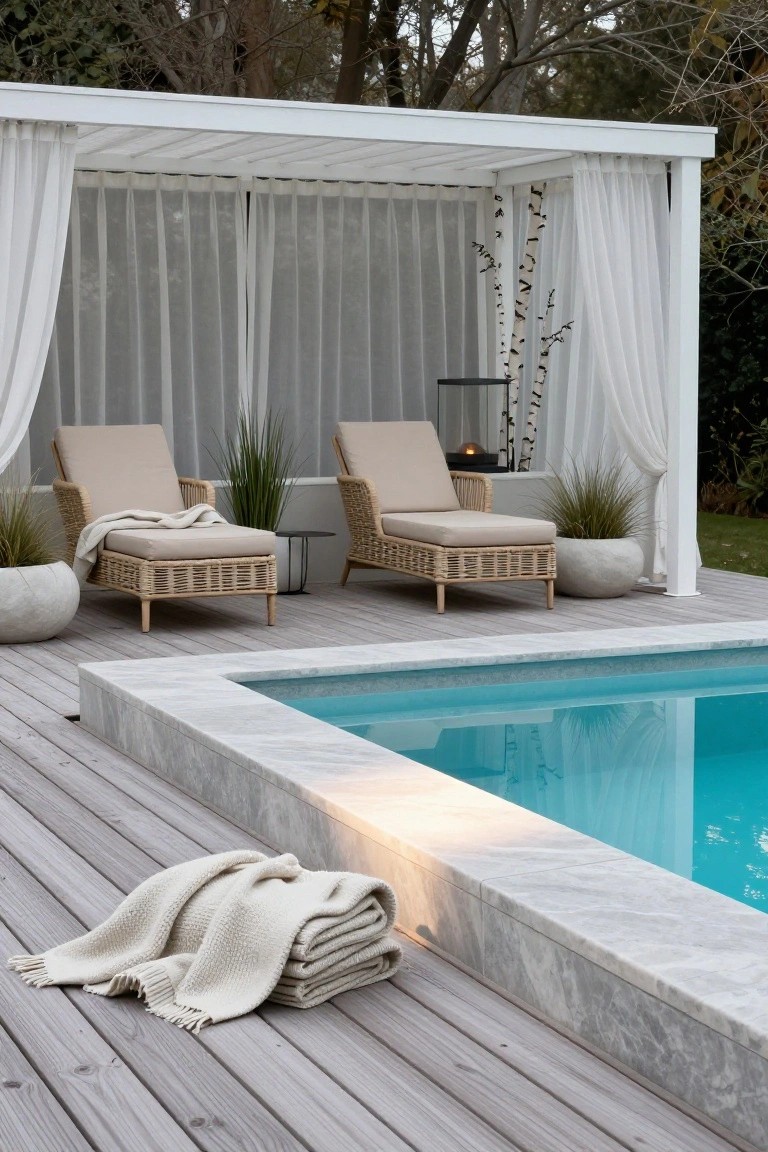 Two beige rattan loungers with cushions and throws under a white pergola with sheer white curtains beside a turquoise pool on a wooden deck with marble coping, potted grasses, and stacked towels nearby.