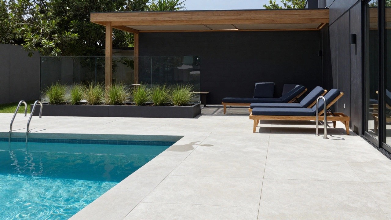 Modern outdoor pool deck with turquoise lap pool, two teak loungers with navy cushions under beige shade sails on a wood pergola, glass balustrade fence, potted grasses, and white stucco wall.
