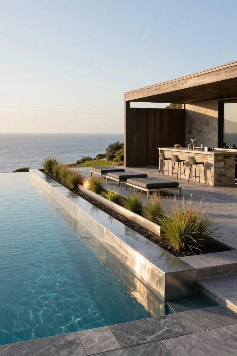Infinity-edge swimming pool on a stone deck with linear metal planters filled with grasses along the edge, next to an outdoor kitchen bar and lounge chairs overlooking the ocean.