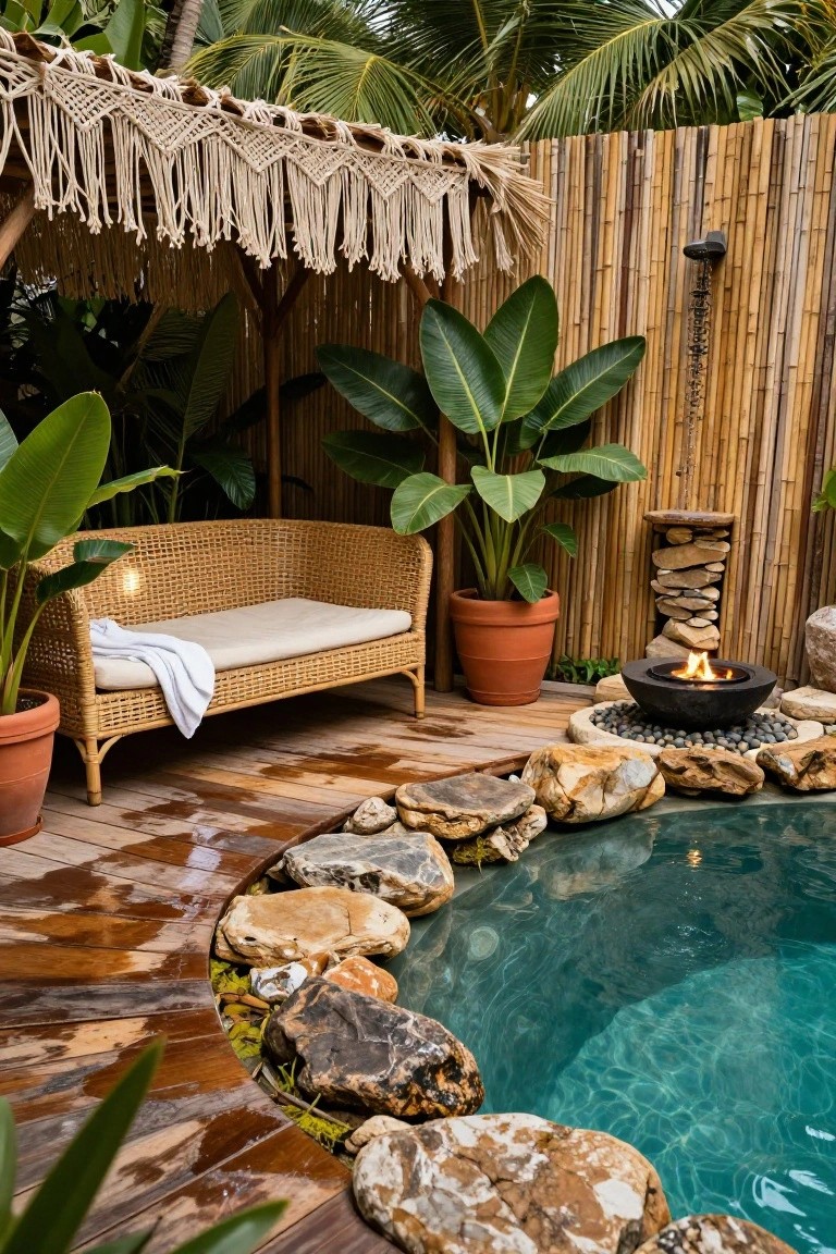 Small turquoise pool on a wooden deck edged with large irregular natural stones, adjacent black fire pit with flames, rattan sofa with cushions and towel, potted plants, and bamboo walls with outdoor shower.