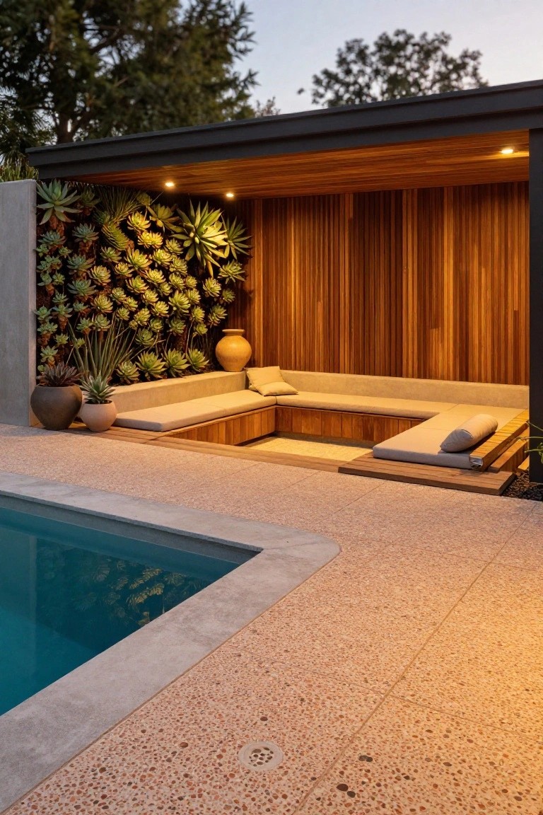 Outdoor pool deck featuring a recessed L-shaped bench with beige cushions under a wooden canopy and slatted walls, vertical succulent garden on one side, potted plants, and turquoise pool water nearby.