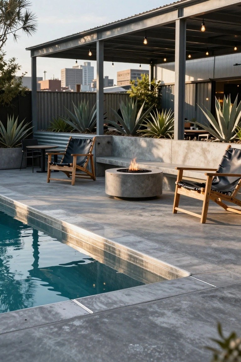 Pool deck with a lit concrete fire pit, adjacent bench, two wooden lounge chairs with black leather seats, potted agave plants, metal pergola with string lights, and turquoise pool edged in concrete against a city backdrop.