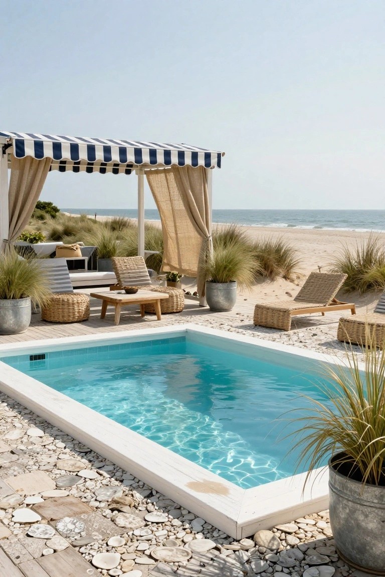 Small turquoise plunge pool set into a white-edged deck with pebble and wood surfacing, surrounded by potted and planted dune grasses, wicker chairs stools and table under a pergola with blue-and-white striped canopy and beige curtains, near beach dunes and ocean.