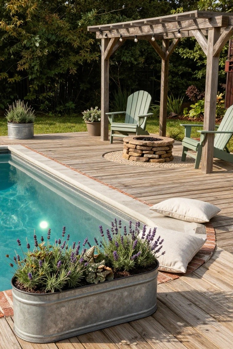 Wooden deck beside a turquoise pool with a central round stone gas fire pit encircled by gravel, green Adirondack chairs under a wooden pergola, potted plants, and a large metal trough planter filled with lavender and other greenery near the pool edge.