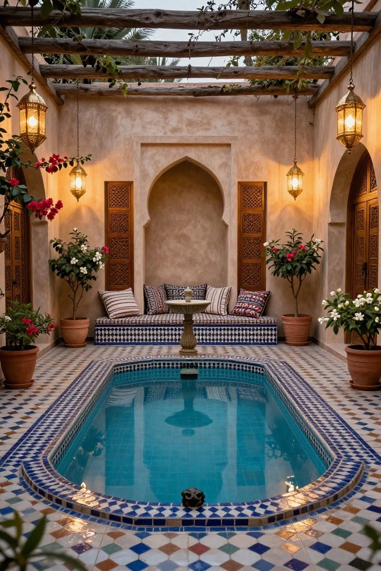A rectangular turquoise pool surrounded by a deck of intricate multicolored mosaic tiles in blue, white, red, and green, with cushioned wooden benches, a central fountain, potted plants, hanging brass lanterns, and arched doorways in a stucco courtyard.