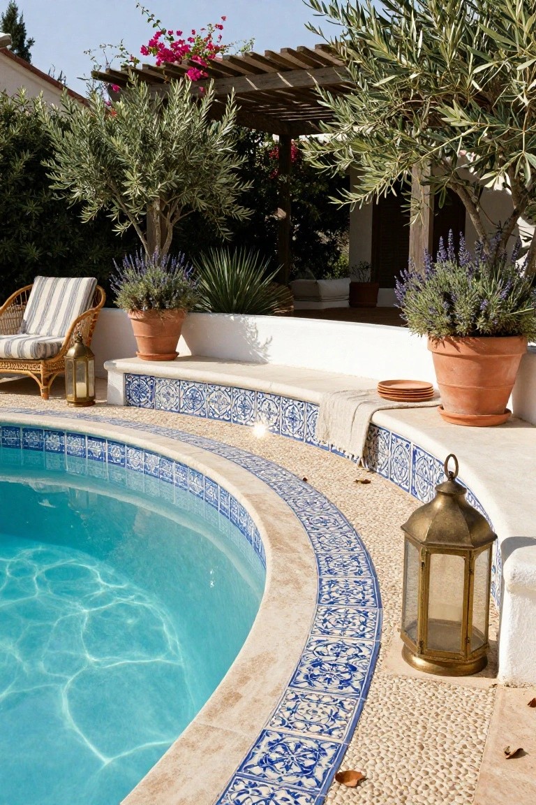 Curved turquoise pool edged with blue patterned tiles on beige stone steps, flanked by terracotta pots with lavender, olive trees, wicker chair, lanterns, and pebble ground.