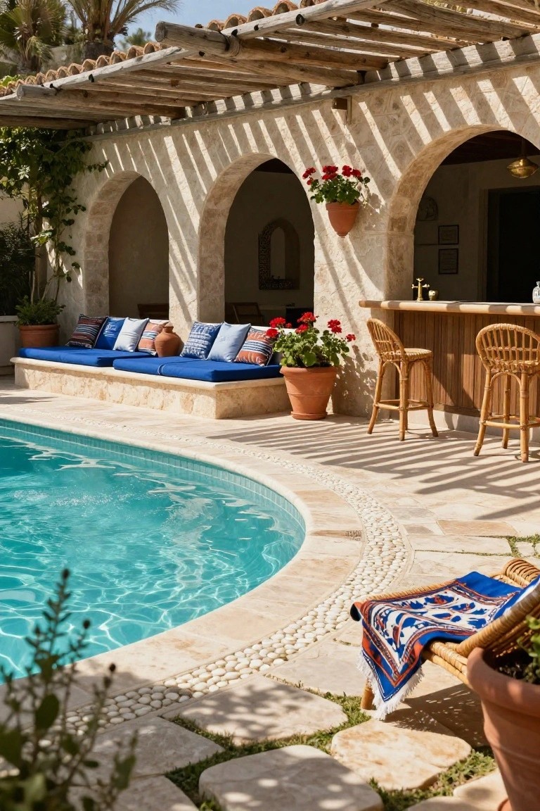 Curved turquoise pool on a beige stone deck edged with white pebble mosaic, built-in beige benches with blue and patterned cushions, wooden bar with rattan stools, terracotta pots with plants, under wooden pergola against arched stone walls.