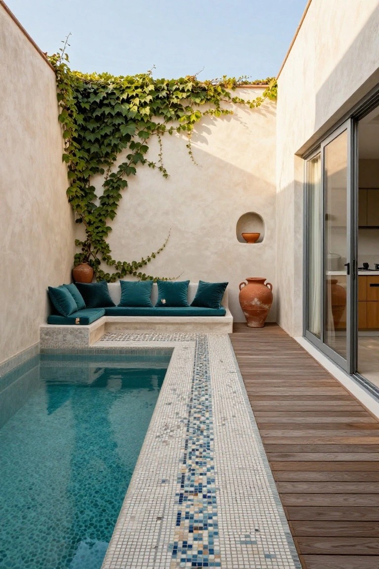 Narrow outdoor pool area with turquoise water, mosaic-tiled edges, built-in white bench with teal cushions along one side, ivy on beige walls, terracotta pots, wooden deck, and glass doors to a kitchen.