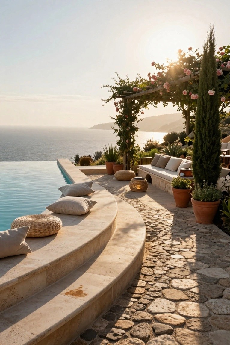 Curved infinity-edge pool with built-in beige stone benches topped with beige cushions and pillows, beside a pebbled path, potted plants, and wooden pergola covered in pink roses, overlooking the ocean at sunset.