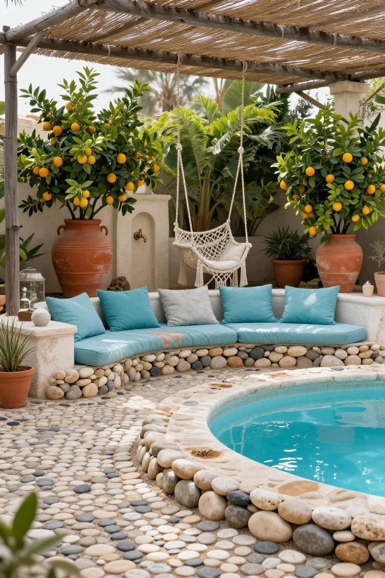 Curved bench with turquoise cushions on a pebble stone base surrounds a small round pool, flanked by potted orange trees, terracotta pots, a hammock swing, and pebble mosaic flooring under a thatched pergola.