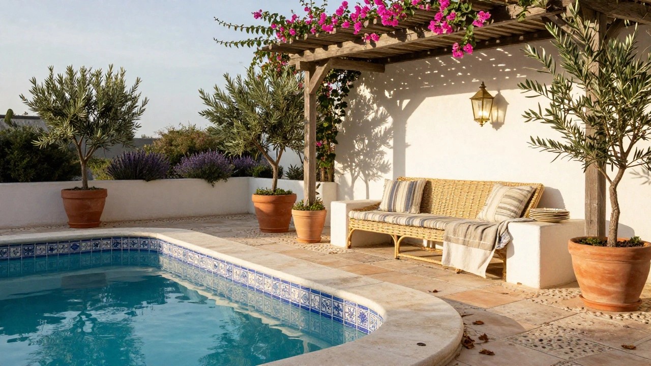 Curved turquoise pool edged with blue patterned tiles on beige stone steps, flanked by terracotta pots with lavender, olive trees, wicker chair, lanterns, and pebble ground.