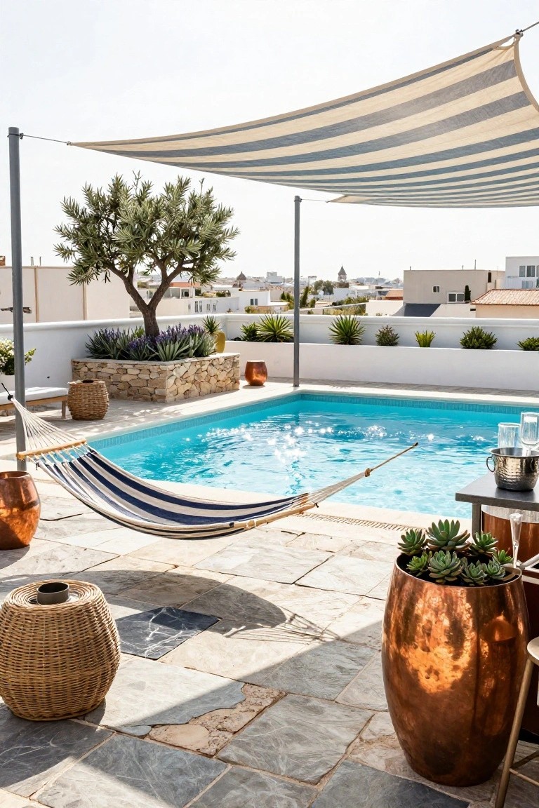 Rooftop pool deck with a blue-and-white striped hammock suspended over the turquoise pool water, flanked by potted succulents in copper planters, a woven stool, and a striped shade sail overhead.