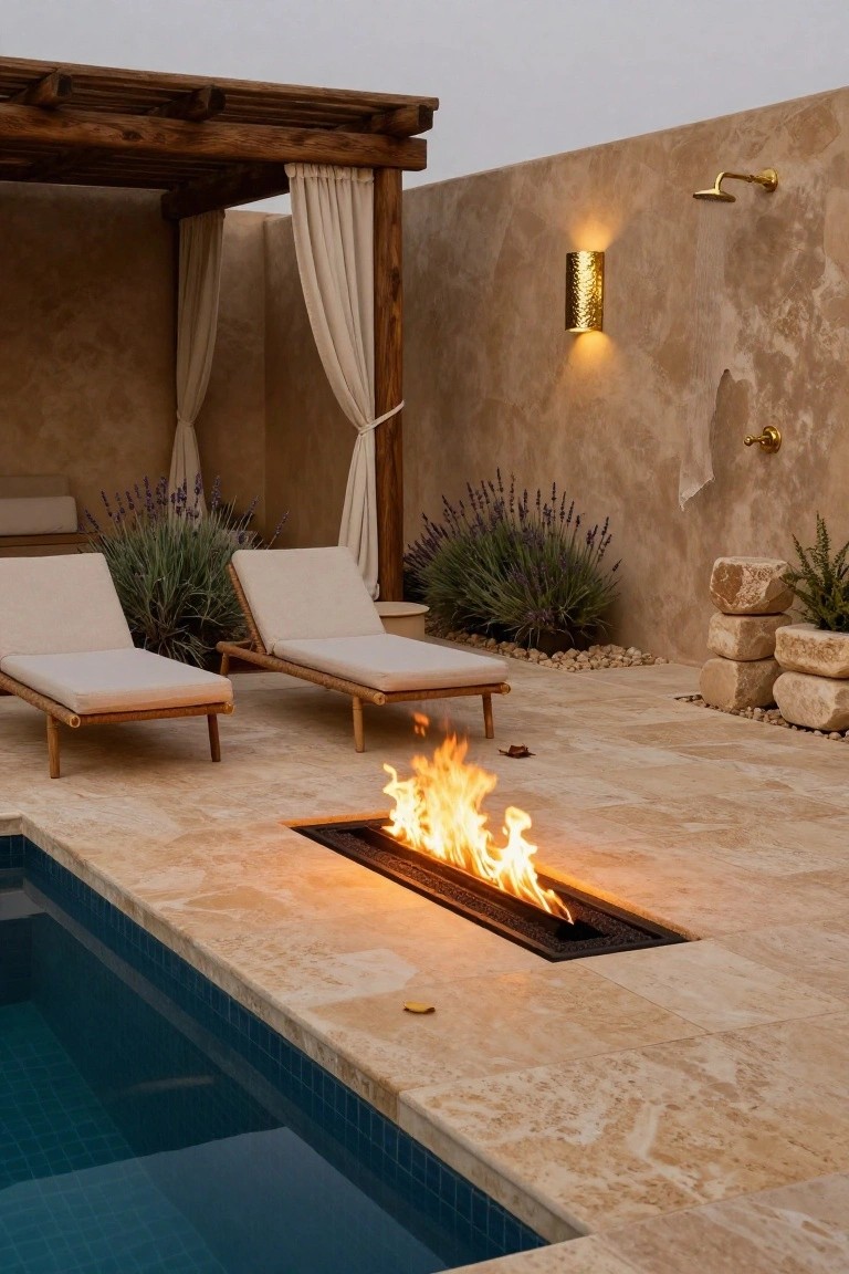A narrow blue-tiled pool next to a beige stone deck with a built-in linear fire pit, two white loungers, lavender plants, stacked rocks, and a wooden pergola with curtains against a textured wall.
