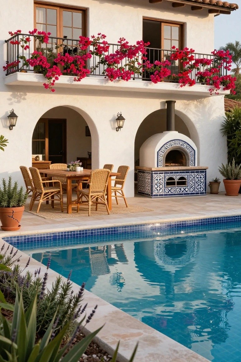 White stucco outdoor patio with wood-fired pizza oven tiled in blue and white patterns, wicker dining chairs around wooden table, potted plants, and adjacent pool with blue mosaic tiles.