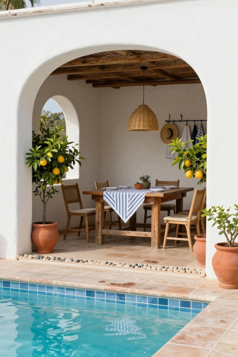 White stucco arched alcove with wooden-beamed ceiling containing a rectangular dining table set with striped runner and rattan chairs, flanked by potted lemon trees, adjacent to a blue-tiled pool edge with terracotta pots and pebble border.