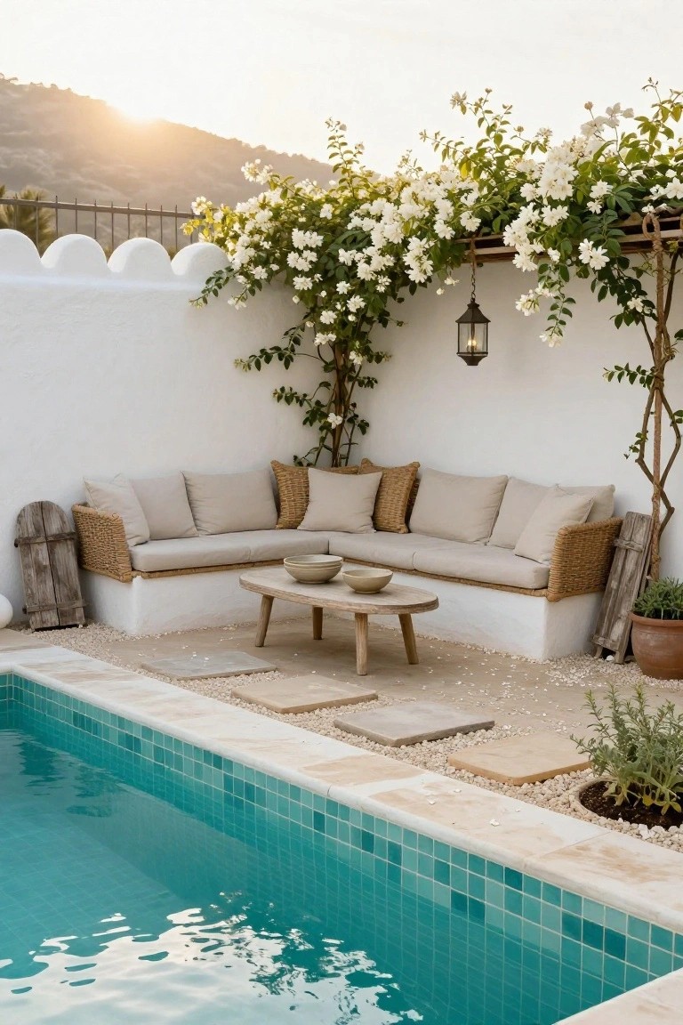 Beige woven L-shaped outdoor sofa with cushions built against white stucco walls next to a turquoise tiled pool edge, round wooden coffee table with ceramic bowls, climbing white flowers on pergola, hanging lantern, potted plants, and sunset over hills.