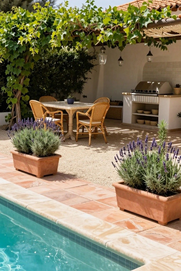 Outdoor kitchen with built-in grill and cabinets next to a pool, featuring a round table with four wicker chairs under a vine-covered pergola, lavender plants in terracotta pots, white stucco walls, terracotta tiled deck edge, and gravel ground.