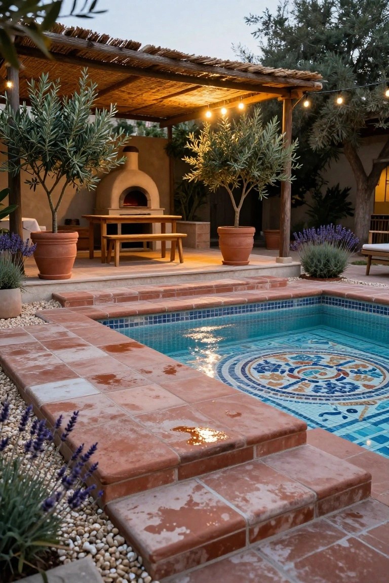 Small rectangular pool with blue mosaic tiles and central colorful circular design, surrounded by red terracotta deck pavers with steps, wood-fired oven on a raised platform, wooden table and benches, olive trees in terracotta pots, pergola with string lights, and lavender plants in an outdoor patio setting.