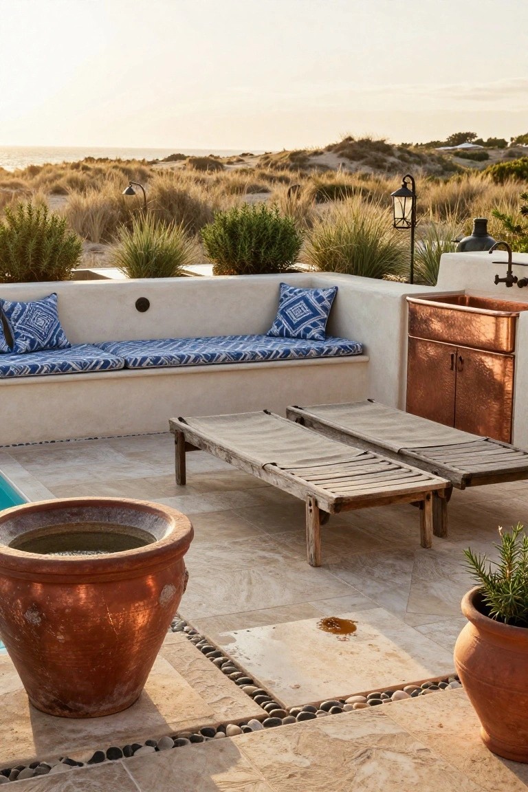 Pool deck with two weathered slatted wooden loungers on travertine tiles edged in pebbles, built-in white stucco bench with blue cushions, copper sink and cabinet, large terracotta pots, and ocean dunes in background at sunset.