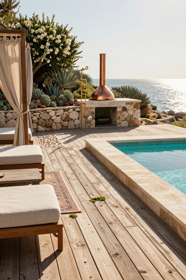 Wooden deck surrounding a rectangular turquoise pool with stone edging, beige loungers, copper pizza oven, succulents, and ocean view.