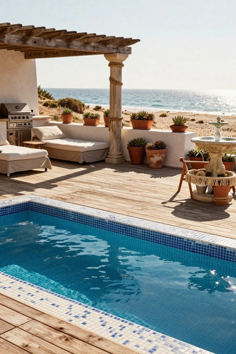 Wooden deck surrounding a rectangular blue mosaic-tiled pool on a terrace with pergola, lounge seating, barbecue, potted plants, stone fountain, and ocean view in the background.
