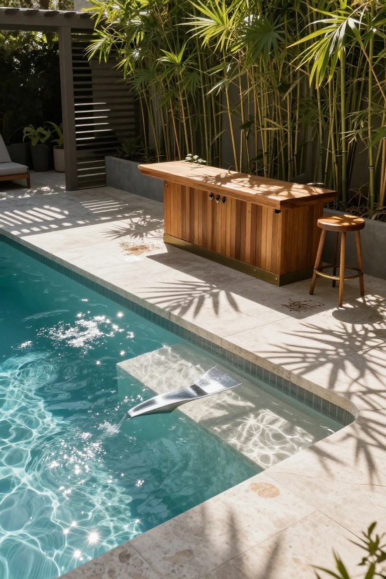 Wooden bar cabinet with brass details and a stool positioned next to an inground pool on a travertine deck, surrounded by bamboo plants and a pergola structure.