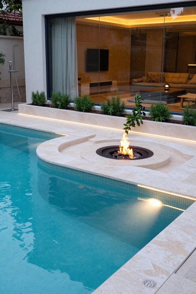 17 Modern Inground Pool Deck Ideas That Define Luxury Curved inground pool with turquoise tiles and beige travertine decking featuring a built-in circular metal fire pit with flames, next to a modern house with large glass walls and indoor furniture visible.