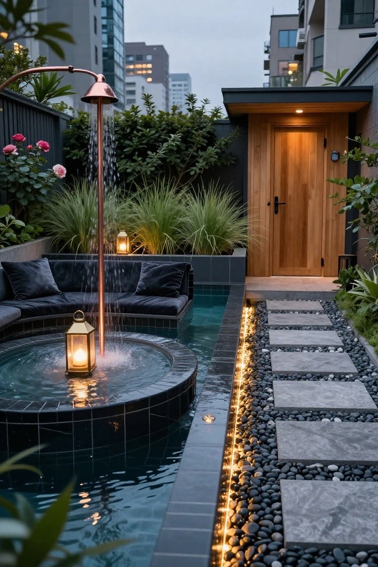 Rooftop outdoor plunge pool with curved black cushions on built-in seating around the tiled edge, copper showerhead pouring water from a tall pole into the pool, surrounded by greenery, lanterns, stone pathway with pebbles, and a wooden door structure nearby against city skyline.