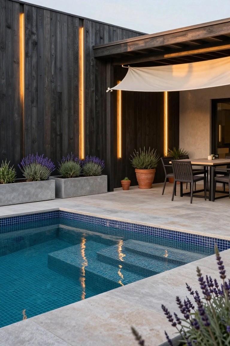 Modern inground pool with blue mosaic tiles and entry steps, surrounded by light stone decking, flanked by tall dark timber walls with vertical recessed orange LED light strips, concrete planters with lavender, a dining table and chairs, and a white fabric shade overhead.