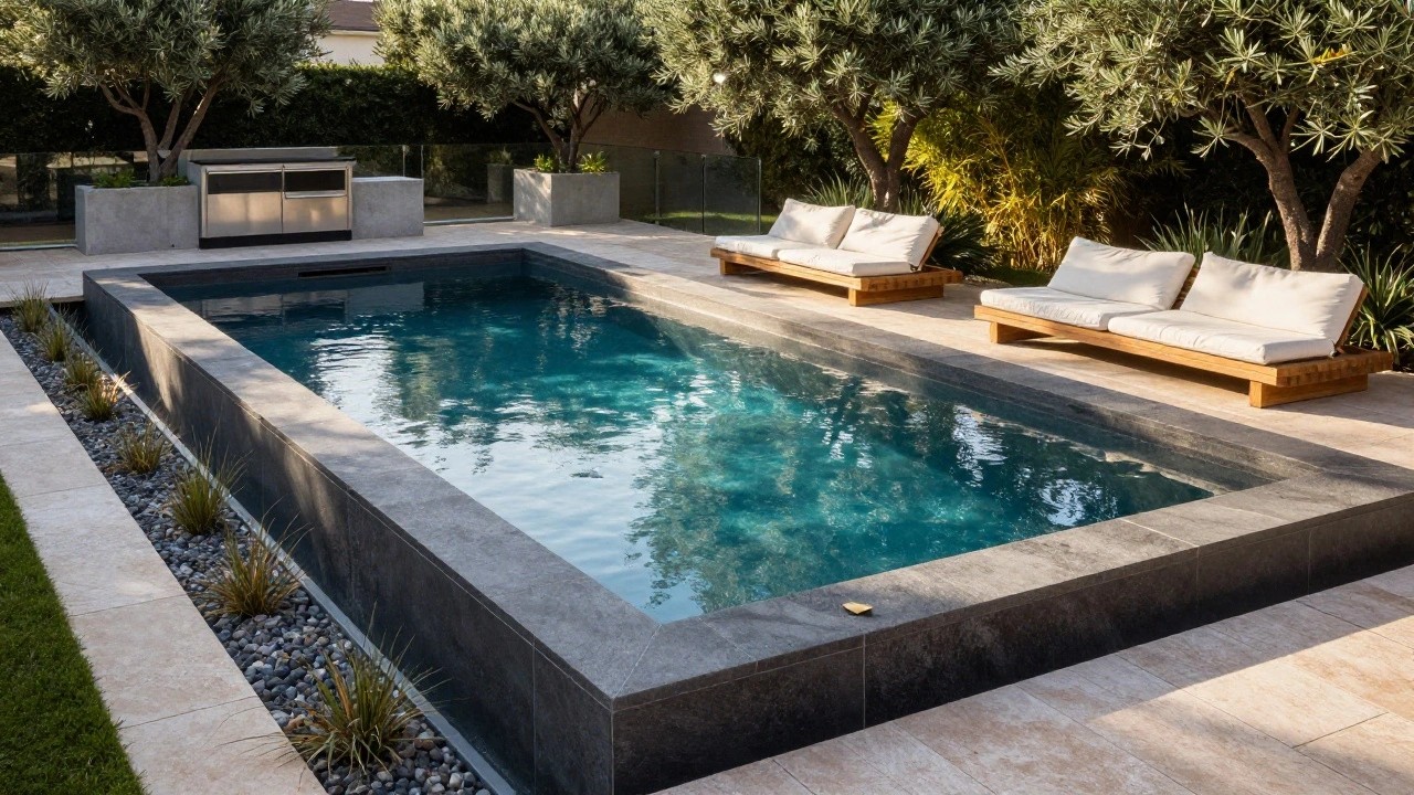 Gray stone-tiled pool deck with embedded linear black fire trough along the edge of a turquoise inground pool, two teak lounge chairs with white cushions nearby, bamboo fencing and olive tree in the background.