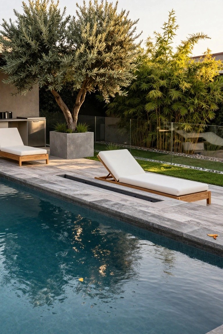 Gray stone-tiled pool deck with embedded linear black fire trough along the edge of a turquoise inground pool, two teak lounge chairs with white cushions nearby, bamboo fencing and olive tree in the background.