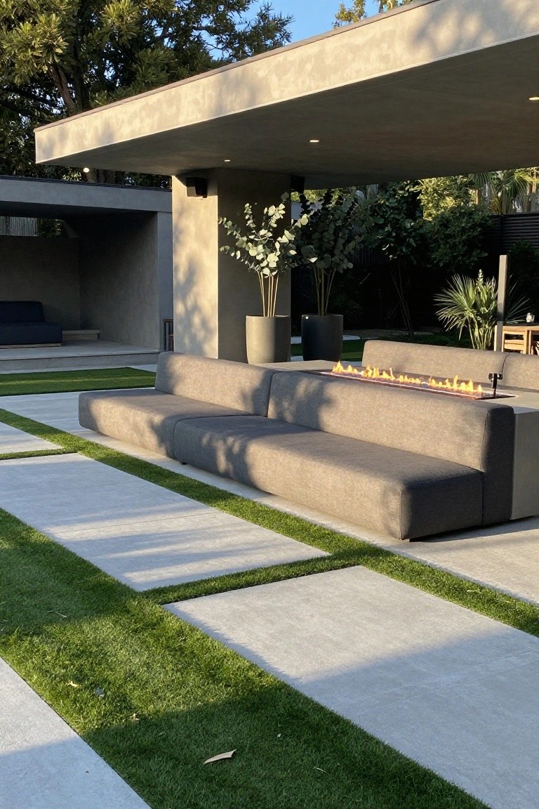 17 Modern Inground Pool Deck Ideas That Define Luxury Modern pool deck with L-shaped gray sofas around a linear gas fire pit on concrete pavers edged by artificial grass strips, under a concrete overhang with potted plants and trees nearby.