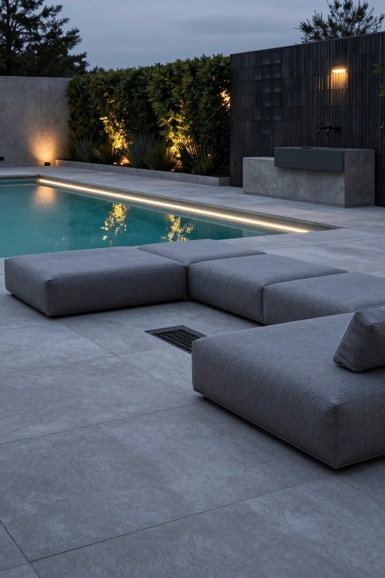 Dusk view of a turquoise inground pool with LED edge lighting, gray tiled deck, modular low gray fabric sofas in L-shape, concrete walls, hedges, and black wood screen with sink.